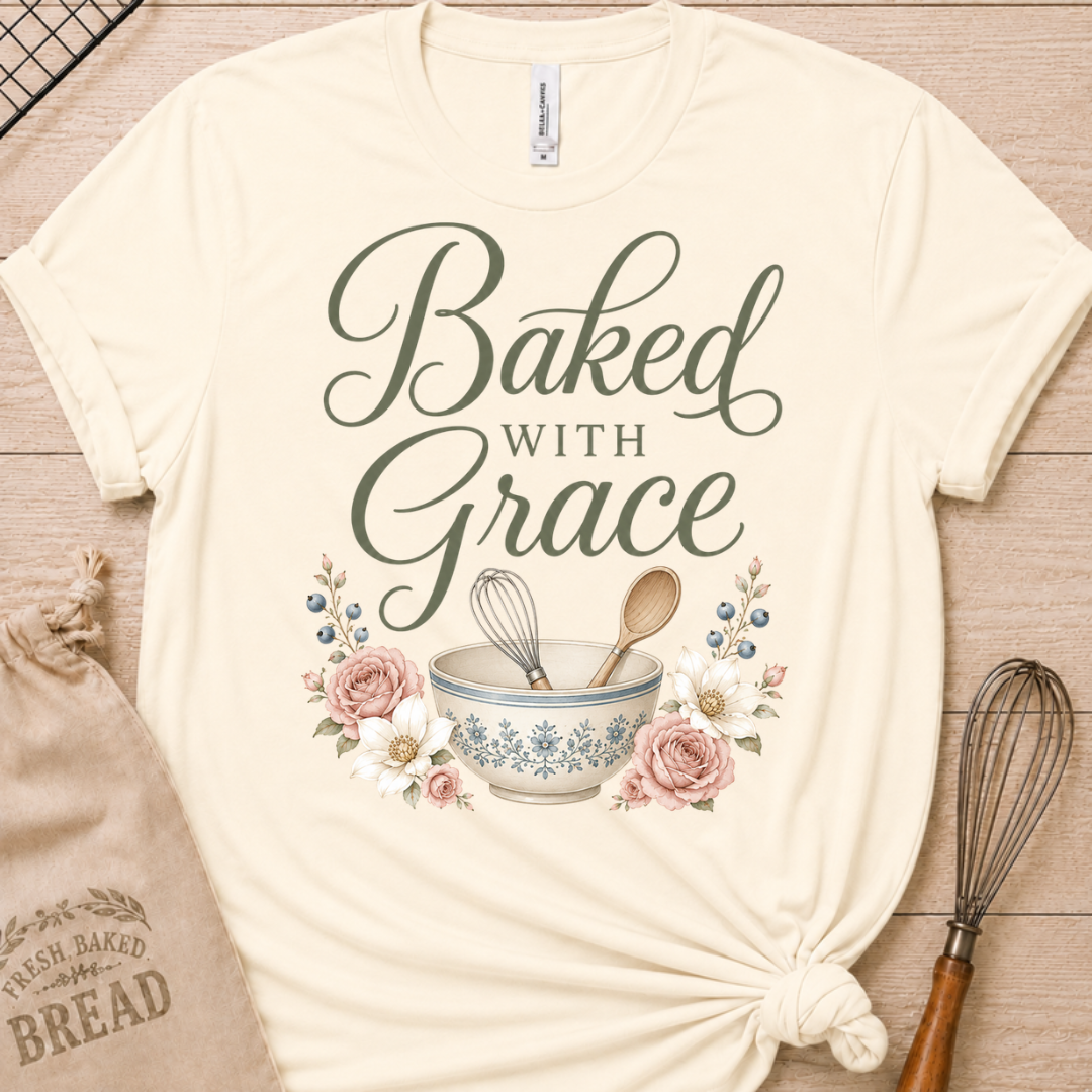 Natural cream women's relaxed fit t-shirt with Baked with Grace in script surrounded by soft blue watercolor florals.