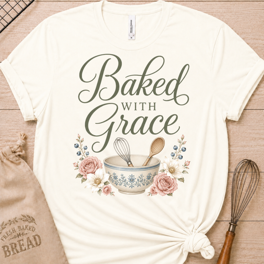 Vintage white women's relaxed fit t-shirt with Baked with Grace in script surrounded by soft blue watercolor florals.