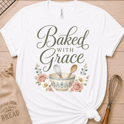 White women's relaxed fit t-shirt with Baked with Grace in script surrounded by soft blue watercolor florals.