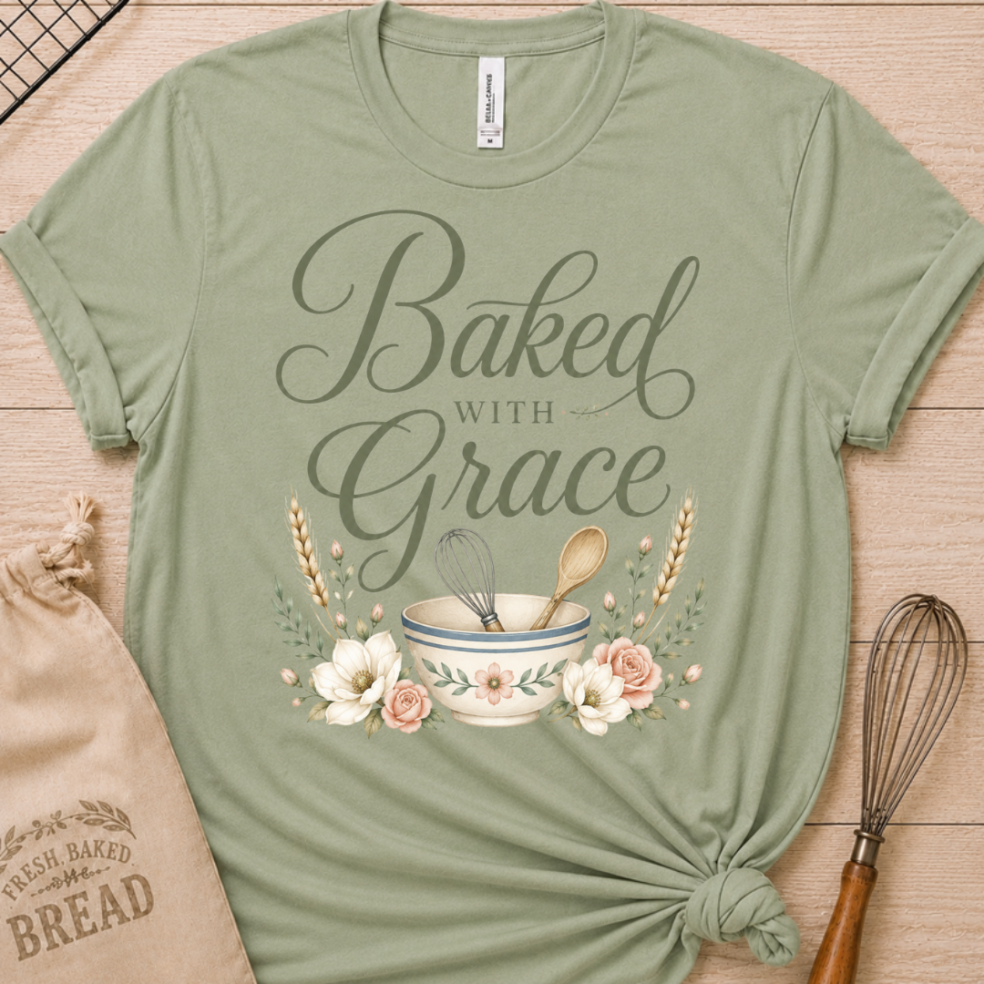 Sage green women's relaxed fit t-shirt with Baked with Grace in script surrounded by golden wheat stalks and soft watercolor florals.