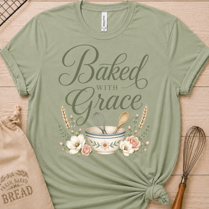 Sage green women's relaxed fit t-shirt with Baked with Grace in script surrounded by golden wheat stalks and soft watercolor florals.