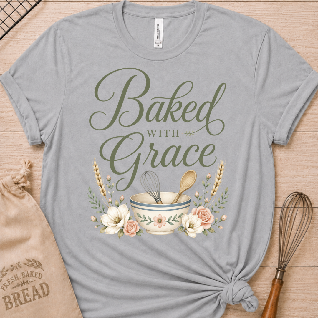 Athletic heather women's relaxed fit t-shirt with Baked with Grace in script surrounded by golden wheat stalks and soft watercolor florals.