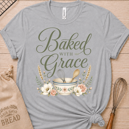 Athletic heather women's relaxed fit t-shirt with Baked with Grace in script surrounded by golden wheat stalks and soft watercolor florals.