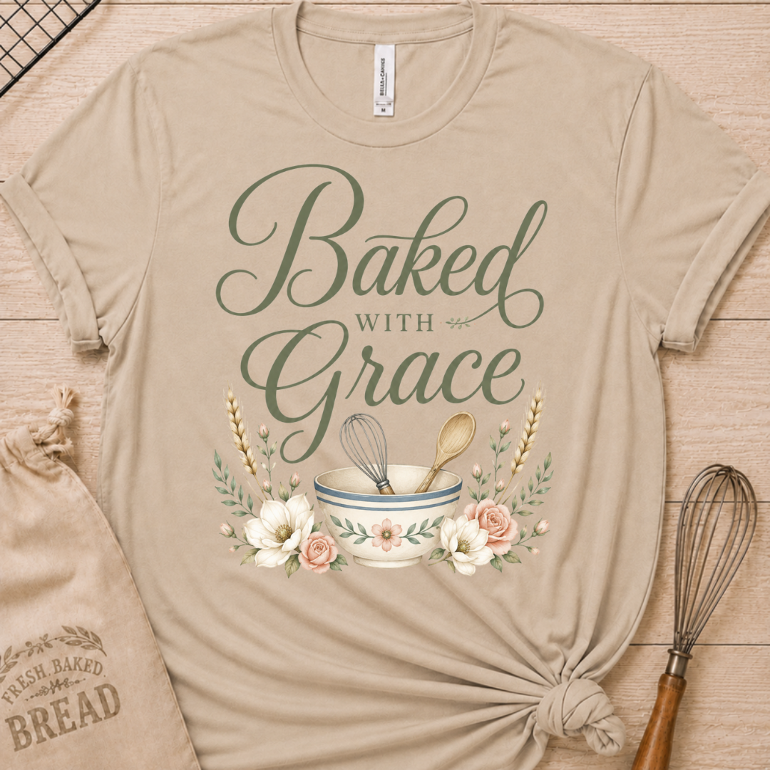 Heather stone women's relaxed fit t-shirt with Baked with Grace in script surrounded by golden wheat stalks and soft watercolor florals.