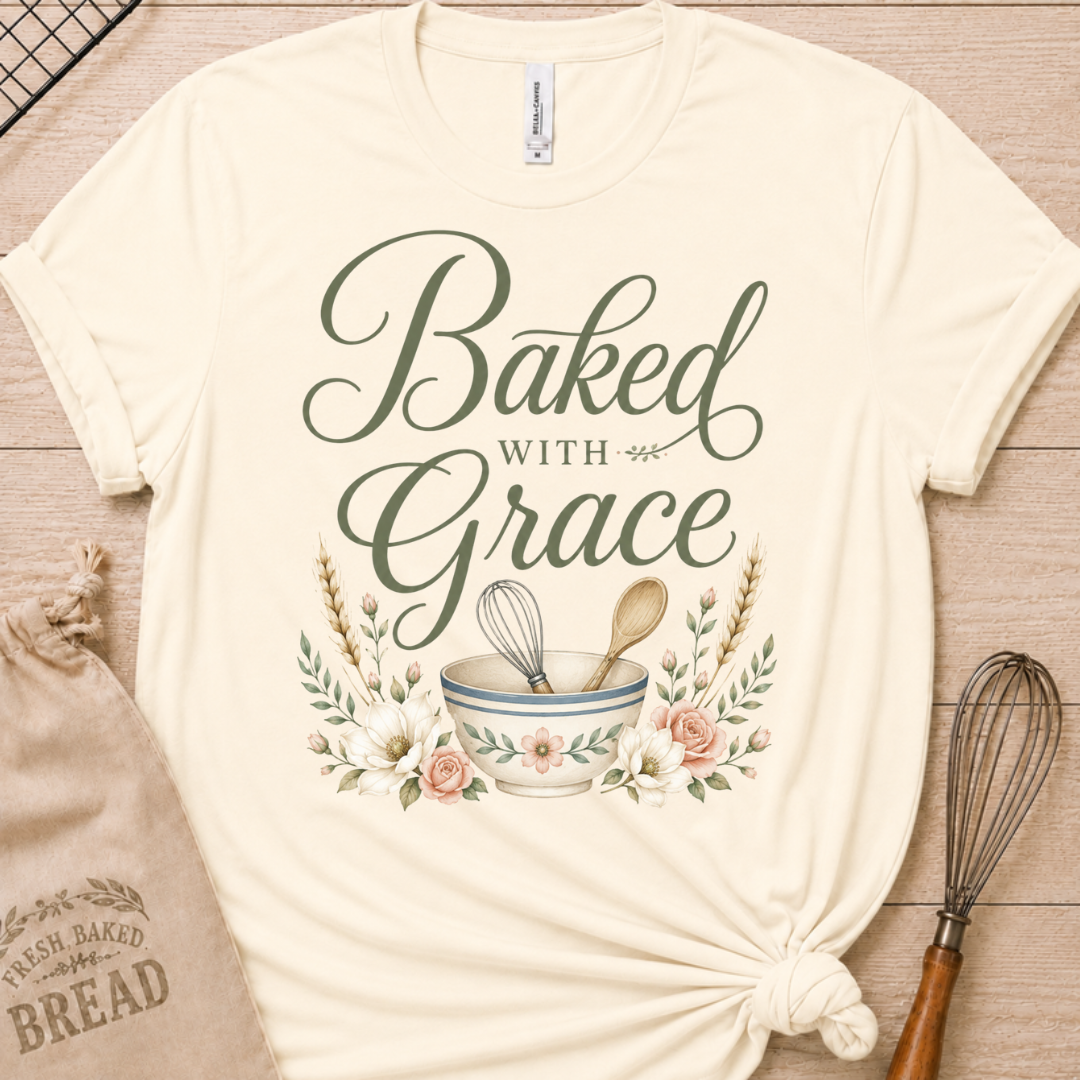Natural cream women's relaxed fit t-shirt with Baked with Grace in script surrounded by golden wheat stalks and soft watercolor florals.