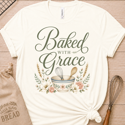 Vintage white women's relaxed fit t-shirt with Baked with Grace in script surrounded by golden wheat stalks and soft watercolor florals.