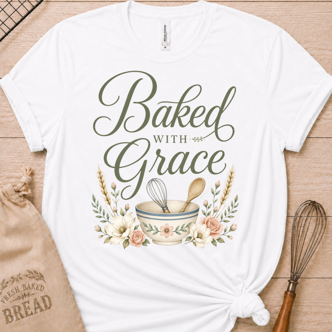 White women's relaxed fit t-shirt with Baked with Grace in script surrounded by golden wheat stalks and soft watercolor florals.
