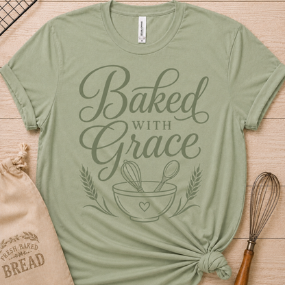 Sage green women's relaxed fit t-shirt with Baked with Grace in green script above a mixing bowl with a whisk and wooden spoon.
