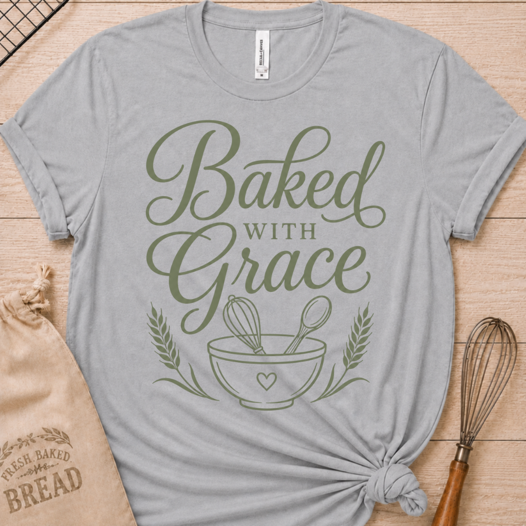 Athletic heather women's relaxed fit t-shirt with Baked with Grace in green script above a mixing bowl with a whisk and wooden spoon.