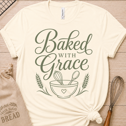 Natural cream women's relaxed fit t-shirt with Baked with Grace in green script above a mixing bowl with a whisk and wooden spoon.