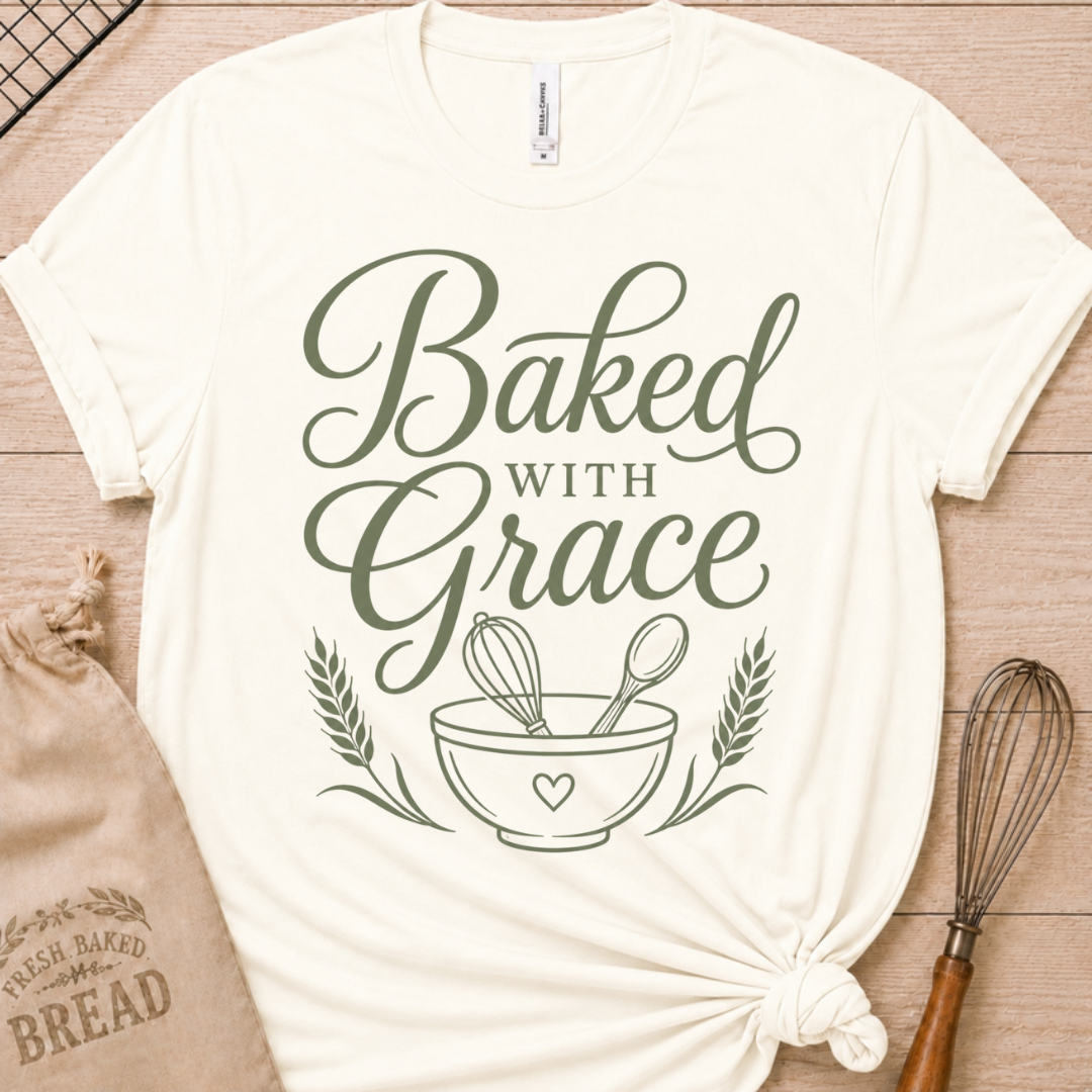 Vintage white women's relaxed fit t-shirt with Baked with Grace in green script above a mixing bowl with a whisk and wooden spoon.