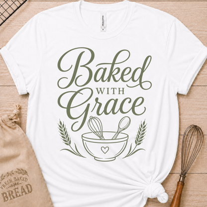 White women's relaxed fit t-shirt with Baked with Grace in green script above a mixing bowl with a whisk and wooden spoon.