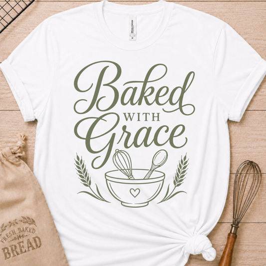 White women's relaxed fit t-shirt with Baked with Grace in green script above a mixing bowl with a whisk and wooden spoon.