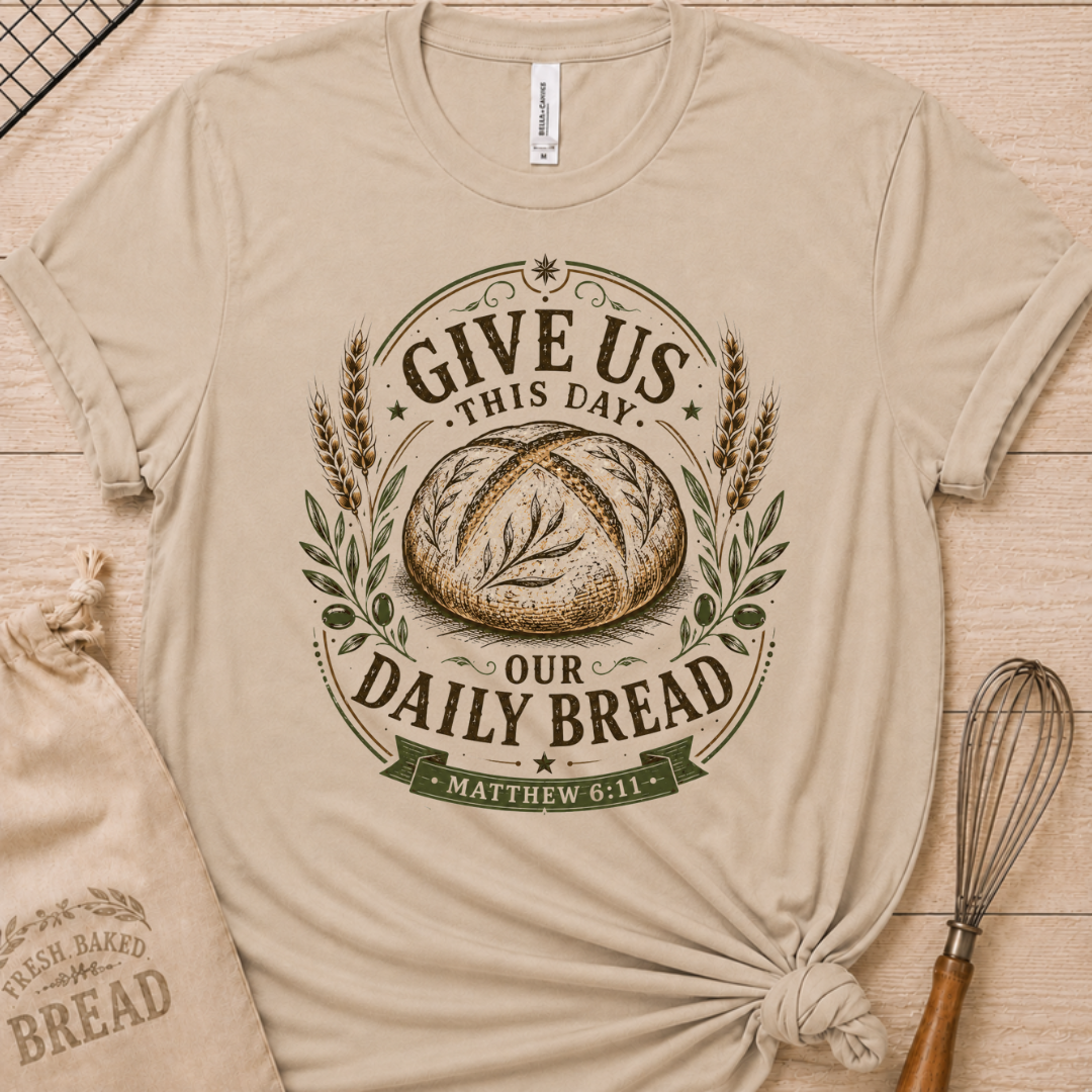 Heather stone women's relaxed fit t-shirt with the Daily Bread emblem, a clean badge-style bread illustration inspired by Matthew 6:11.