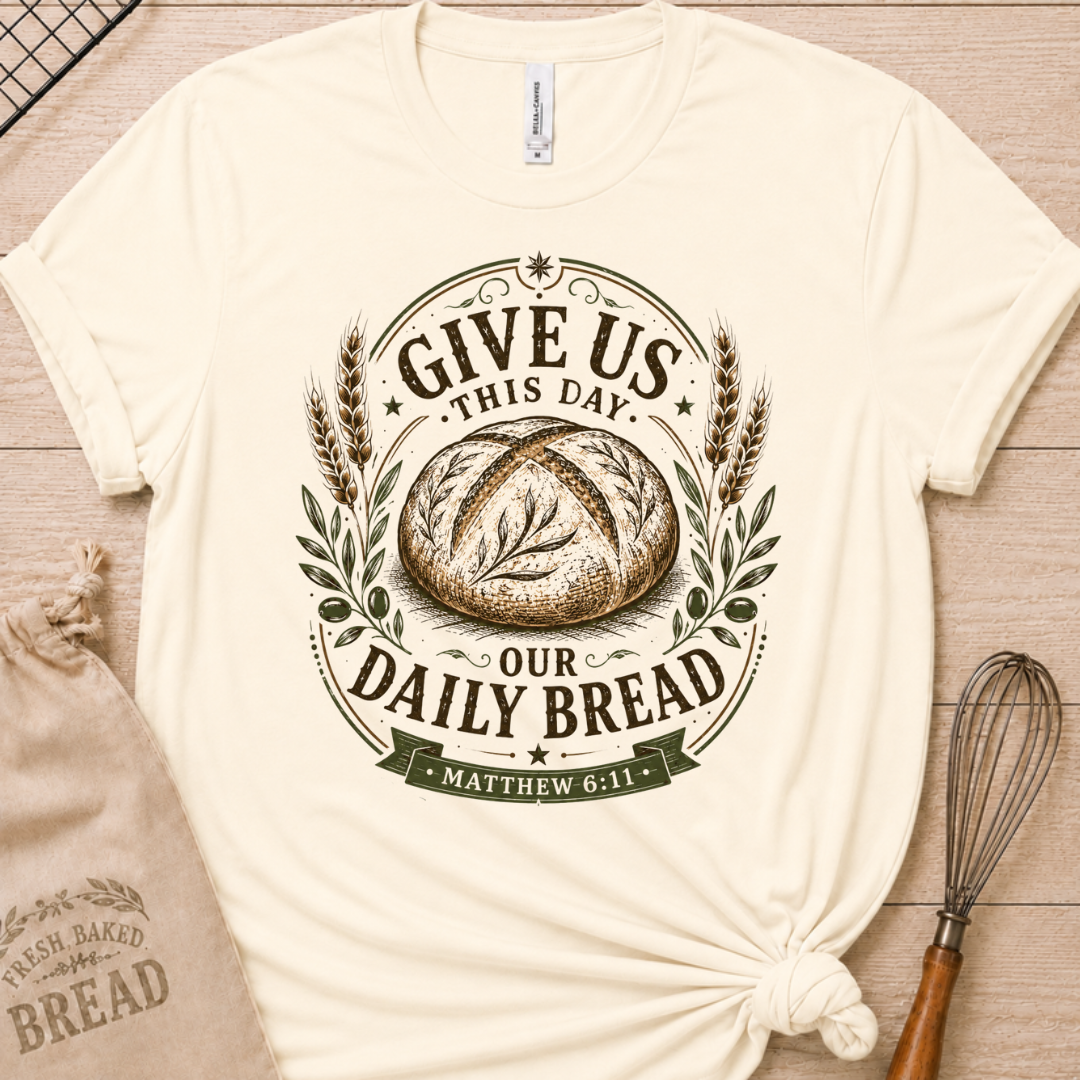 Natural cream women's relaxed fit t-shirt with the Daily Bread emblem, a clean badge-style bread illustration inspired by Matthew 6:11.