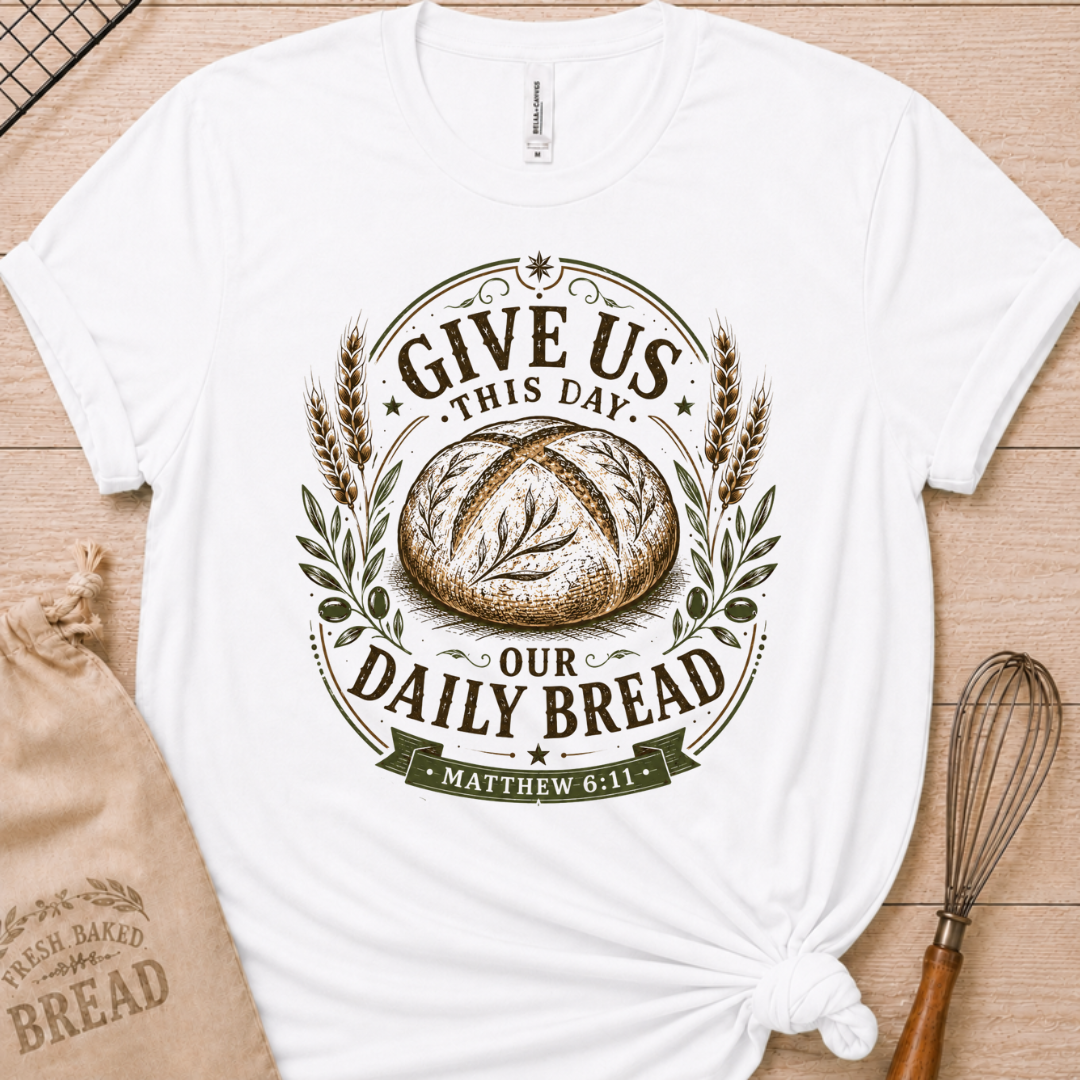 White women's relaxed fit t-shirt with the Daily Bread emblem, a clean badge-style bread illustration inspired by Matthew 6:11.
