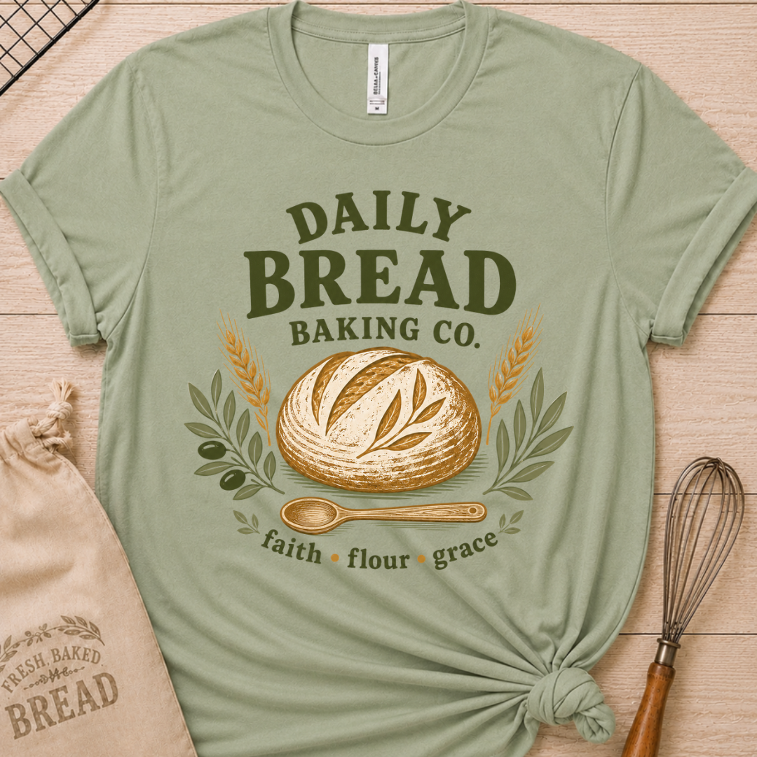 Sage green women's relaxed fit t-shirt with the Daily Bread Baking Co. design, a retro bakery emblem featuring an artisan bread loaf, wheat stalks, and a wooden spoon above the words faith, flour, grace.