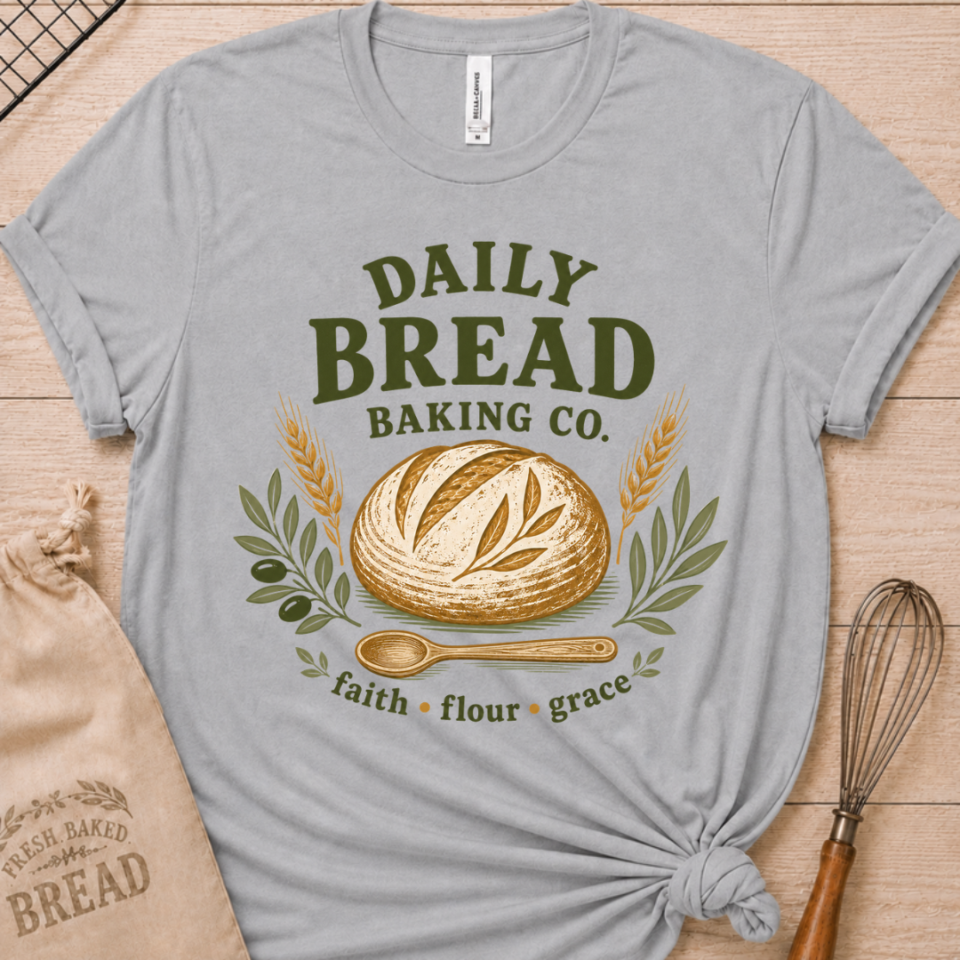 Athletic heather women's relaxed fit t-shirt with the Daily Bread Baking Co. design, a retro bakery emblem featuring an artisan bread loaf, wheat stalks, and a wooden spoon above the words faith, flour, grace.