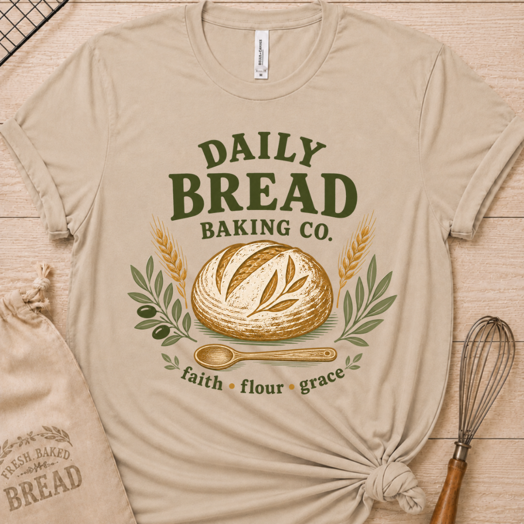 Heather stone women's relaxed fit t-shirt with the Daily Bread Baking Co. design, a retro bakery emblem featuring an artisan bread loaf, wheat stalks, and a wooden spoon above the words faith, flour, grace.