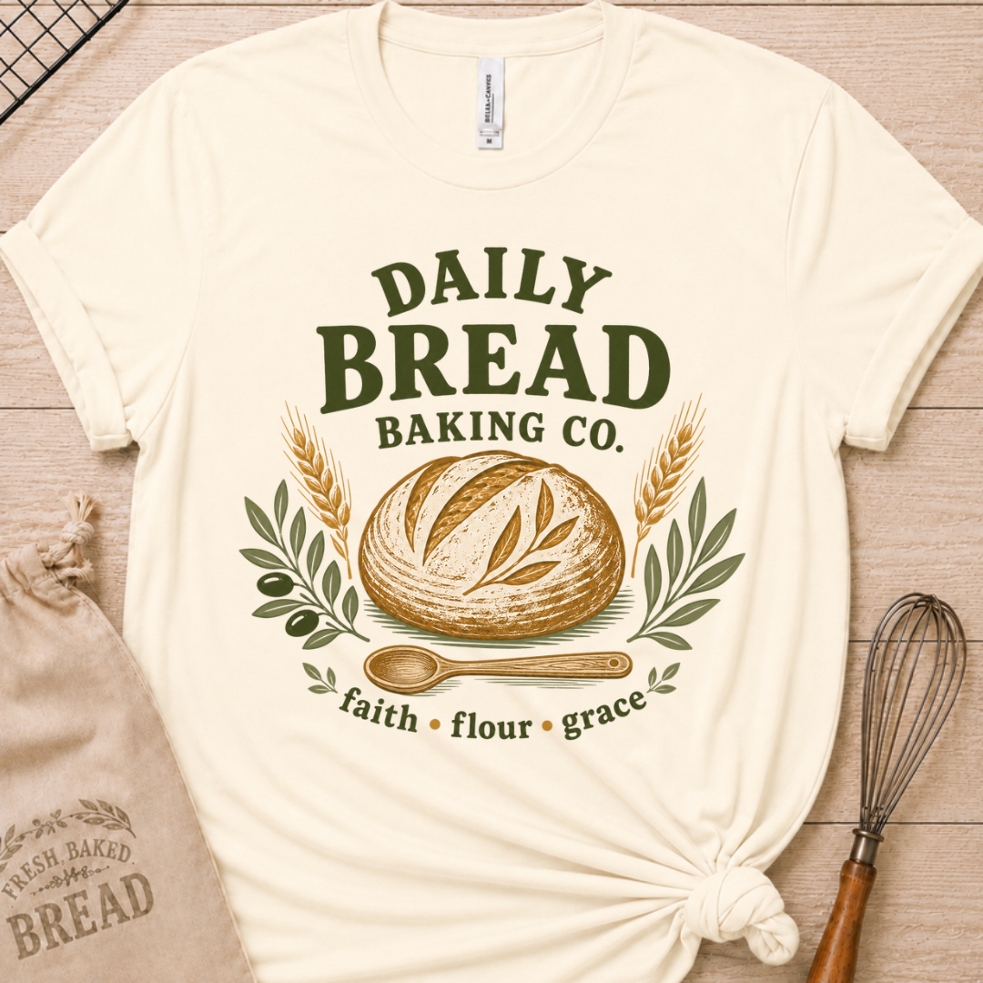 Natural cream women's relaxed fit t-shirt with the Daily Bread Baking Co. design, a retro bakery emblem featuring an artisan bread loaf, wheat stalks, and a wooden spoon above the words faith, flour, grace.