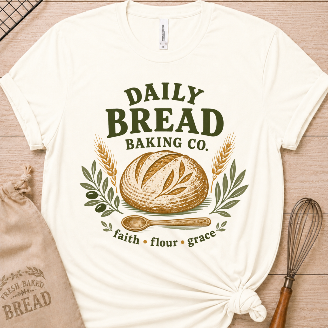 Vintage white women's relaxed fit t-shirt with the Daily Bread Baking Co. design, a retro bakery emblem featuring an artisan bread loaf, wheat stalks, and a wooden spoon above the words faith, flour, grace.