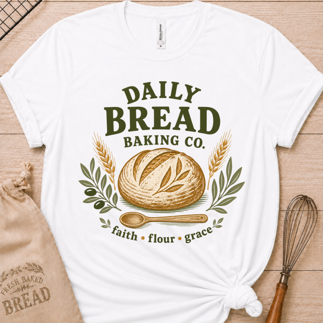 White women's relaxed fit t-shirt with the Daily Bread Baking Co. design, a retro bakery emblem featuring an artisan bread loaf, wheat stalks, and a wooden spoon above the words faith, flour, grace.