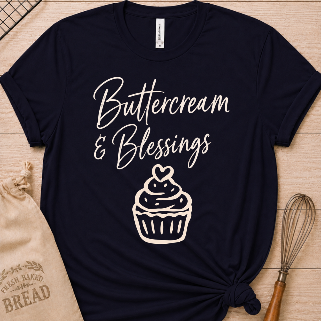 Navy women's relaxed fit t-shirt with Buttercream and Blessings in flowing script above a cupcake topped with a heart.