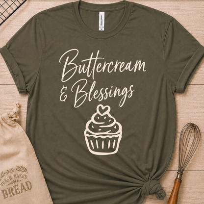 Military green women's relaxed fit t-shirt with Buttercream and Blessings in flowing script above a cupcake topped with a heart.