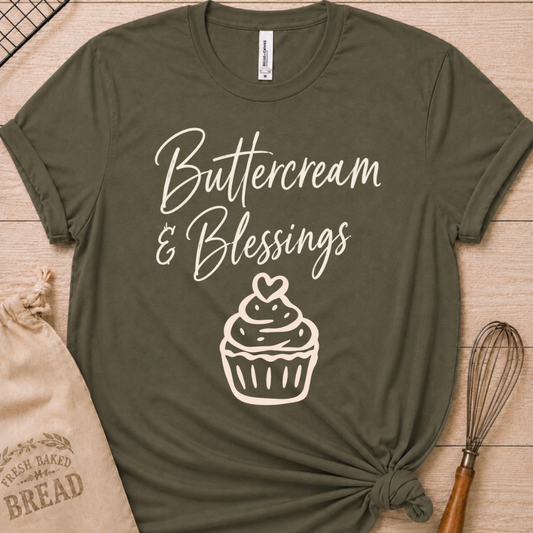 Military green women's relaxed fit t-shirt with Buttercream and Blessings in flowing script above a cupcake topped with a heart.