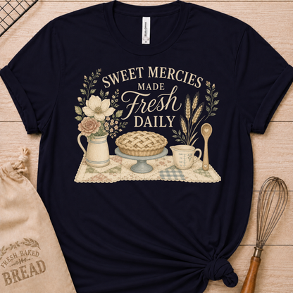 Navy women's relaxed fit t-shirt reading Sweet Mercies Made Fresh Daily above a lattice-top pie on a cake stand with a flower pitcher, measuring cup, and wooden spoon.