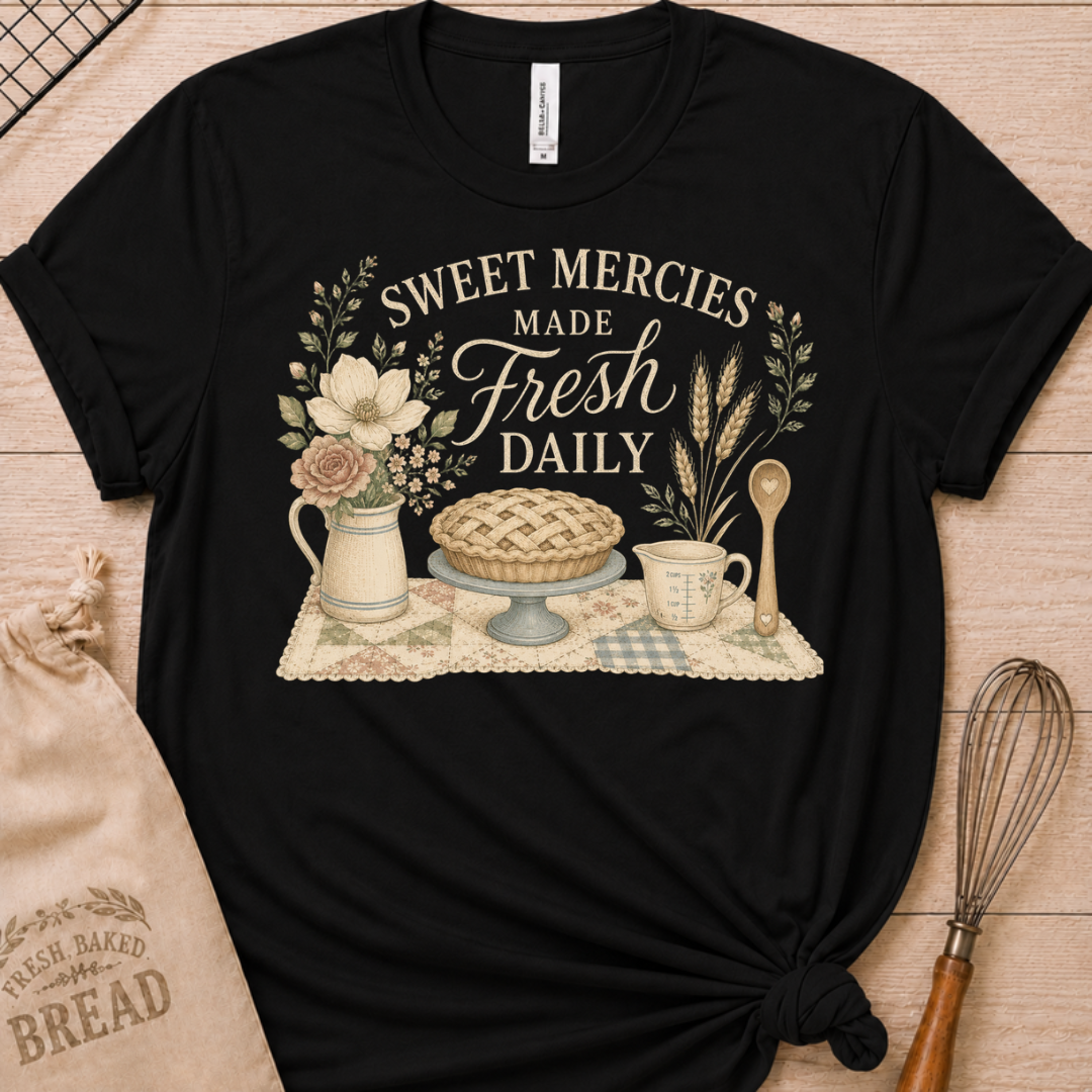 Black women's relaxed fit t-shirt reading Sweet Mercies Made Fresh Daily above a lattice-top pie on a cake stand with a flower pitcher, measuring cup, and wooden spoon.