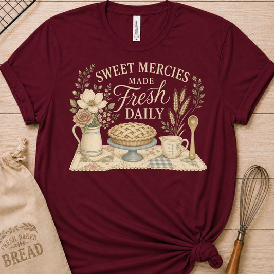 Maroon women's relaxed fit t-shirt reading Sweet Mercies Made Fresh Daily above a lattice-top pie on a cake stand with a flower pitcher, measuring cup, and wooden spoon.