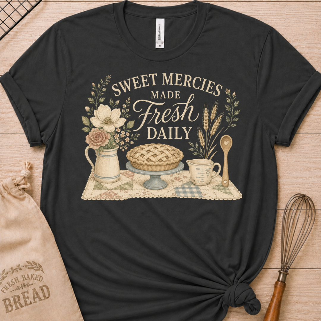 Dark heather grey women's relaxed fit t-shirt reading Sweet Mercies Made Fresh Daily above a lattice-top pie on a cake stand with a flower pitcher, measuring cup, and wooden spoon.
