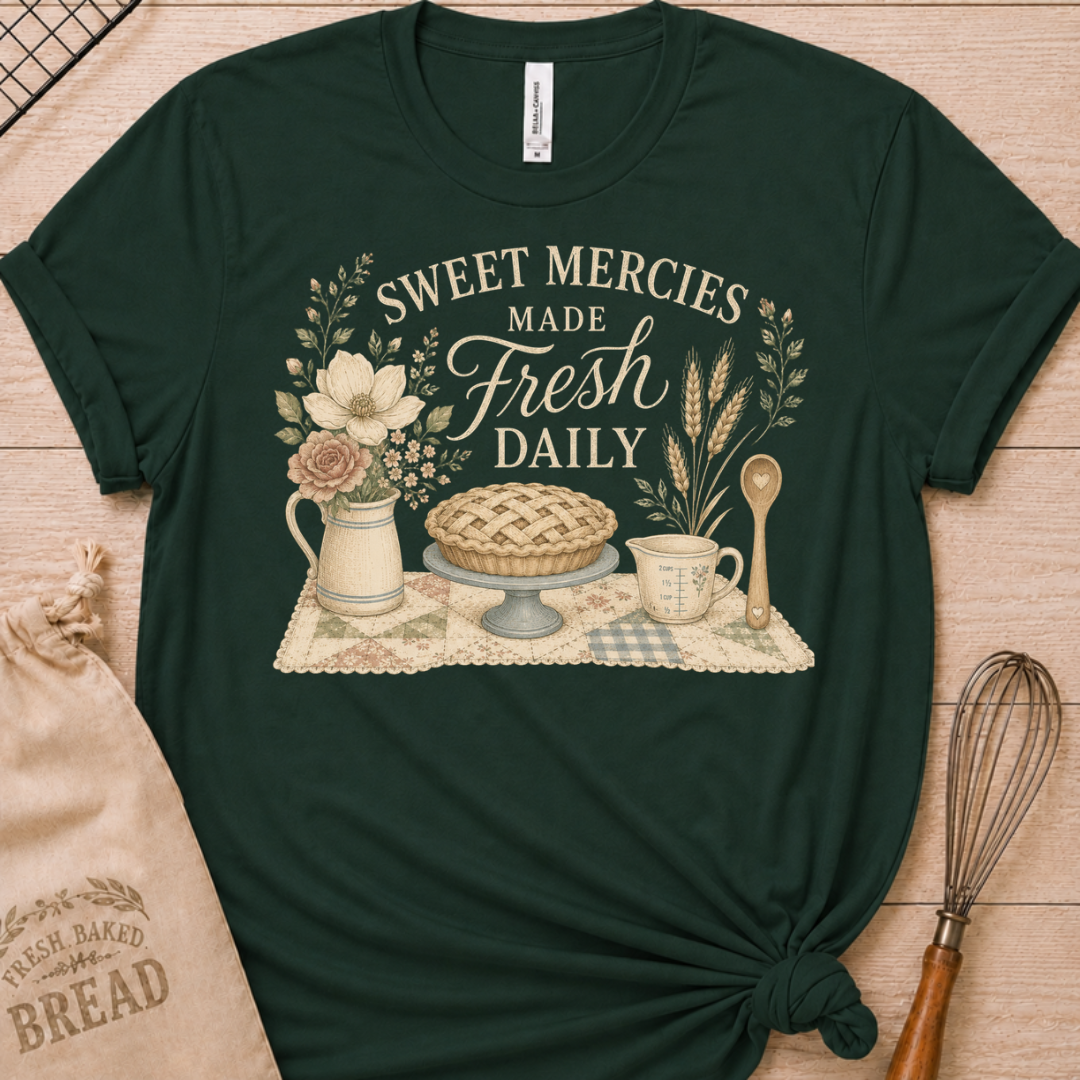 Forest green women's relaxed fit t-shirt reading Sweet Mercies Made Fresh Daily above a lattice-top pie on a cake stand with a flower pitcher, measuring cup, and wooden spoon.