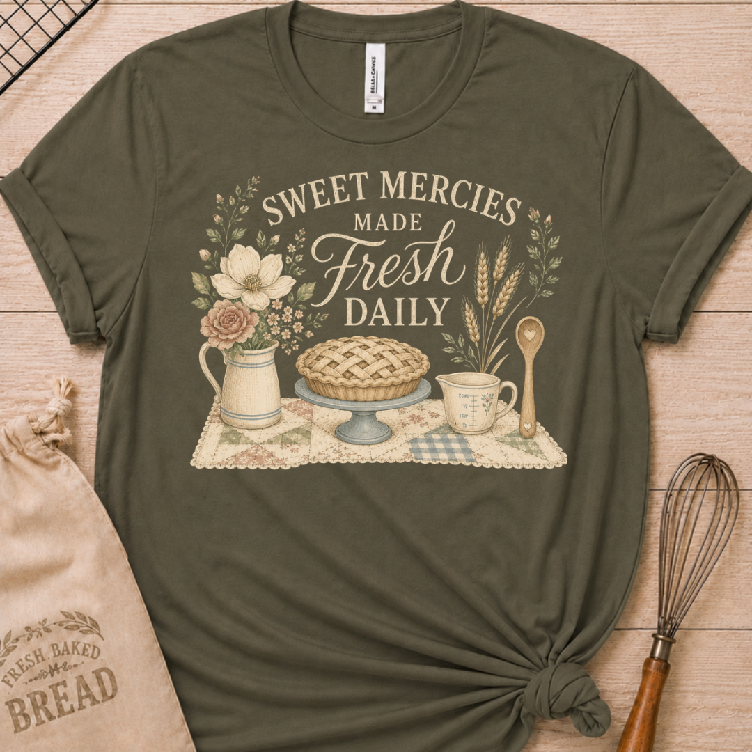 Military green women's relaxed fit t-shirt reading Sweet Mercies Made Fresh Daily above a lattice-top pie on a cake stand with a flower pitcher, measuring cup, and wooden spoon.