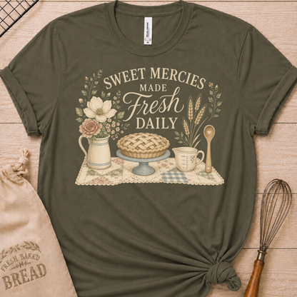 Military green women's relaxed fit t-shirt reading Sweet Mercies Made Fresh Daily above a lattice-top pie on a cake stand with a flower pitcher, measuring cup, and wooden spoon.