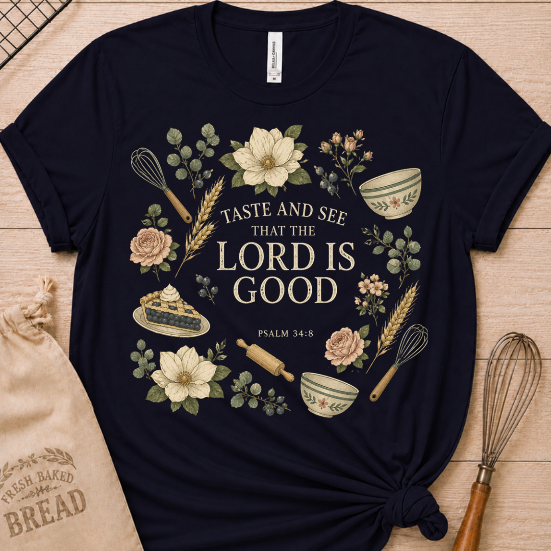 Navy women's relaxed fit t-shirt with Taste and See from Psalm 34:8 inside a soft botanical wreath.