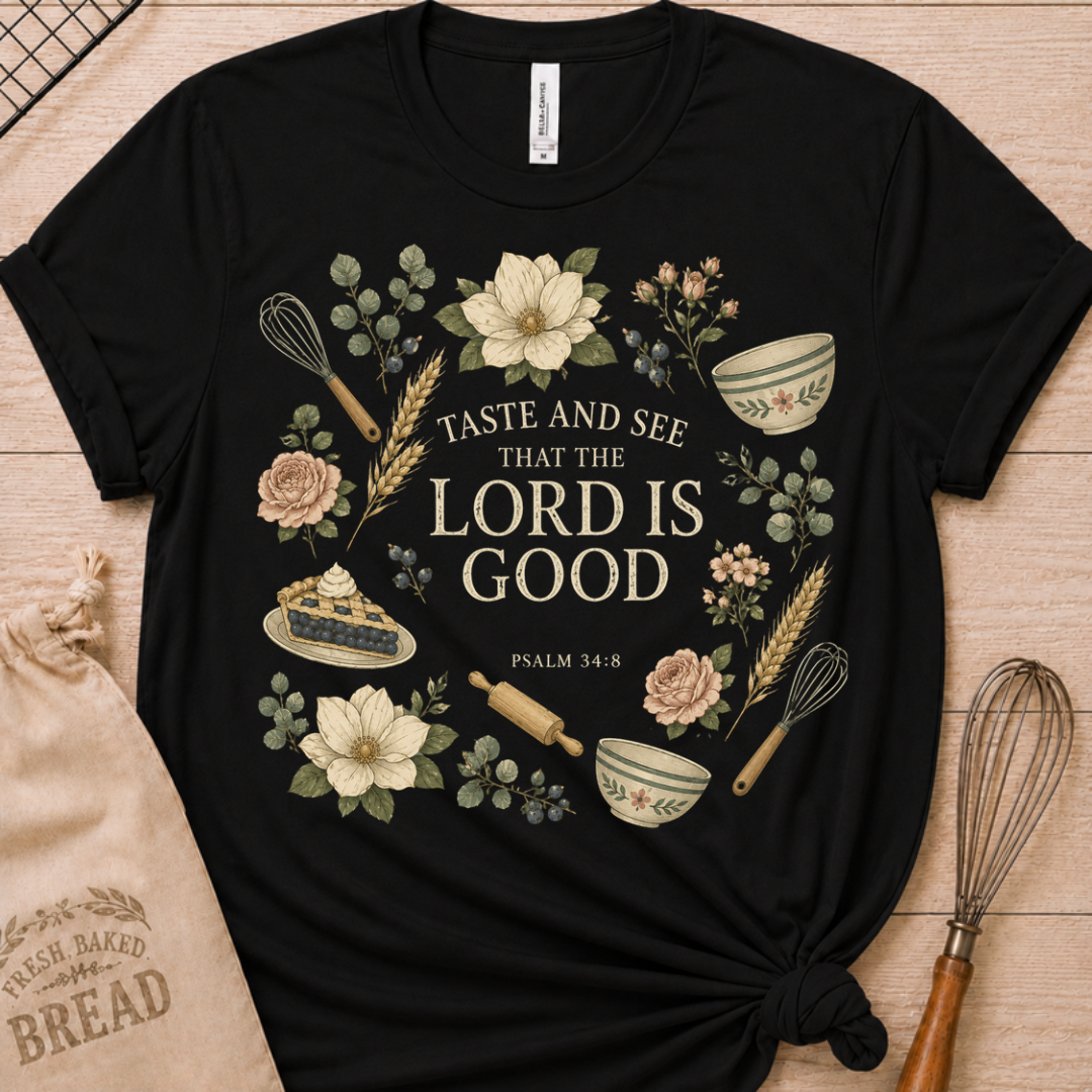 Black women's relaxed fit t-shirt with Taste and See from Psalm 34:8 inside a soft botanical wreath.