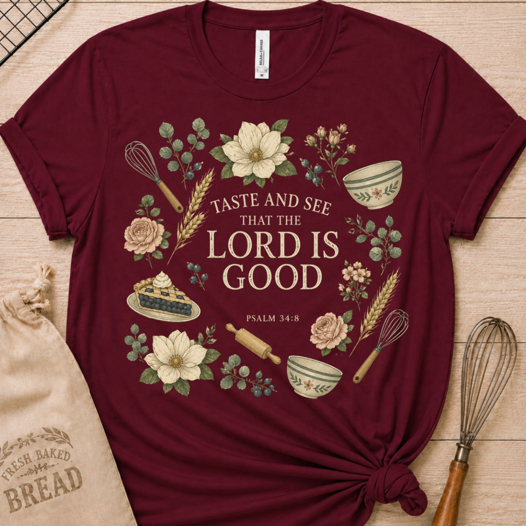 Maroon women's relaxed fit t-shirt with Taste and See from Psalm 34:8 inside a soft botanical wreath.