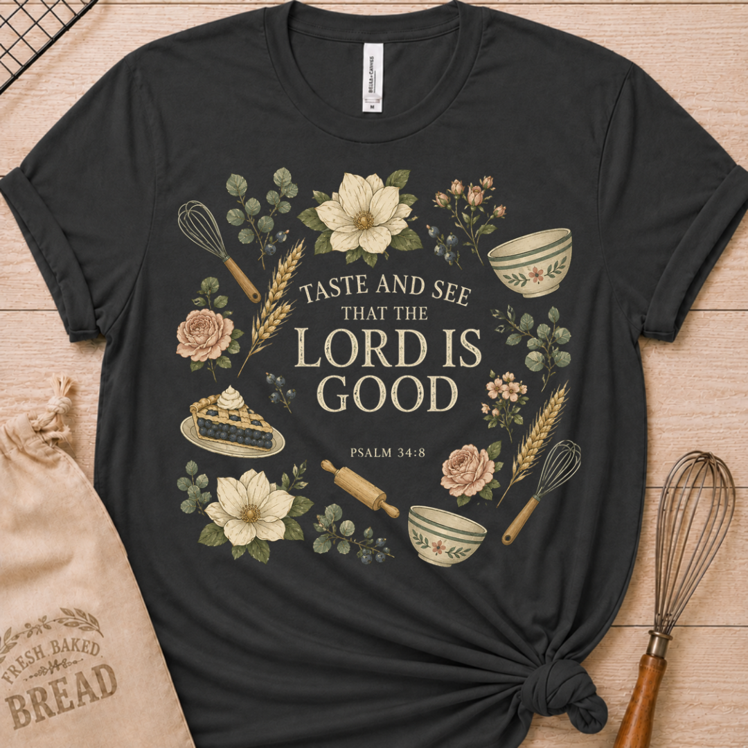 Dark heather grey women's relaxed fit t-shirt with Taste and See from Psalm 34:8 inside a soft botanical wreath.