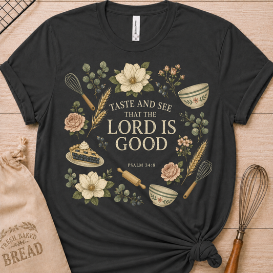 Dark heather grey women's relaxed fit t-shirt with Taste and See from Psalm 34:8 inside a soft botanical wreath.