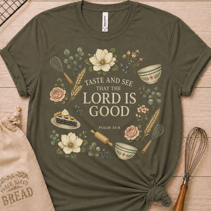 Military green women's relaxed fit t-shirt with Taste and See from Psalm 34:8 inside a soft botanical wreath.