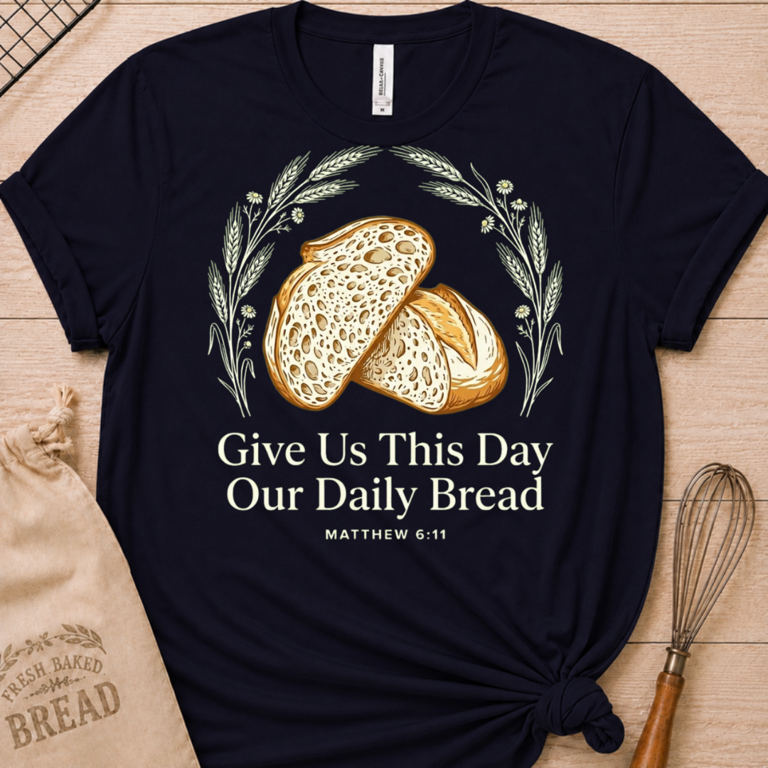 Navy women's relaxed fit t-shirt with the Daily Bread design featuring two rustic half loaves side by side, inspired by Matthew 6:11.