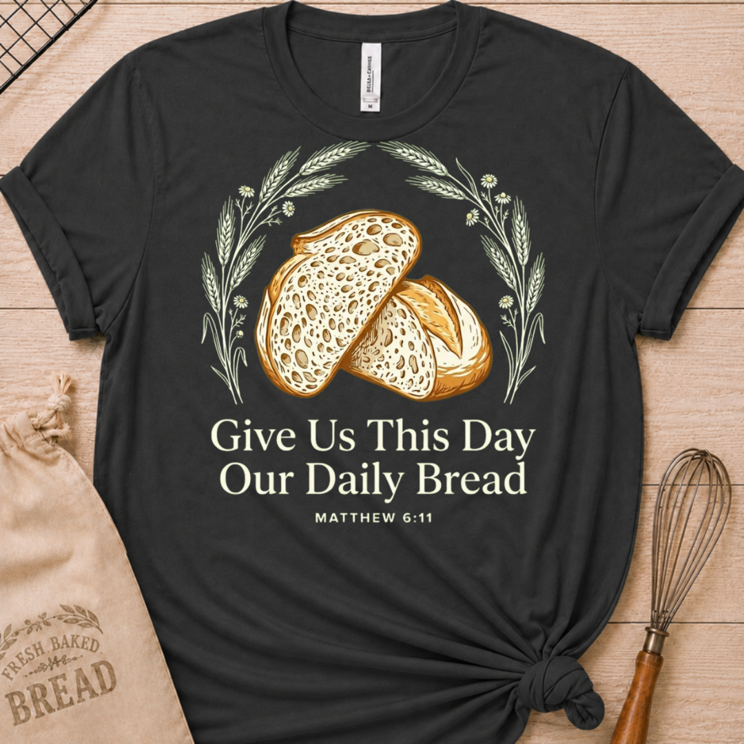 Dark heather grey women's relaxed fit t-shirt with the Daily Bread design featuring two rustic half loaves side by side, inspired by Matthew 6:11.