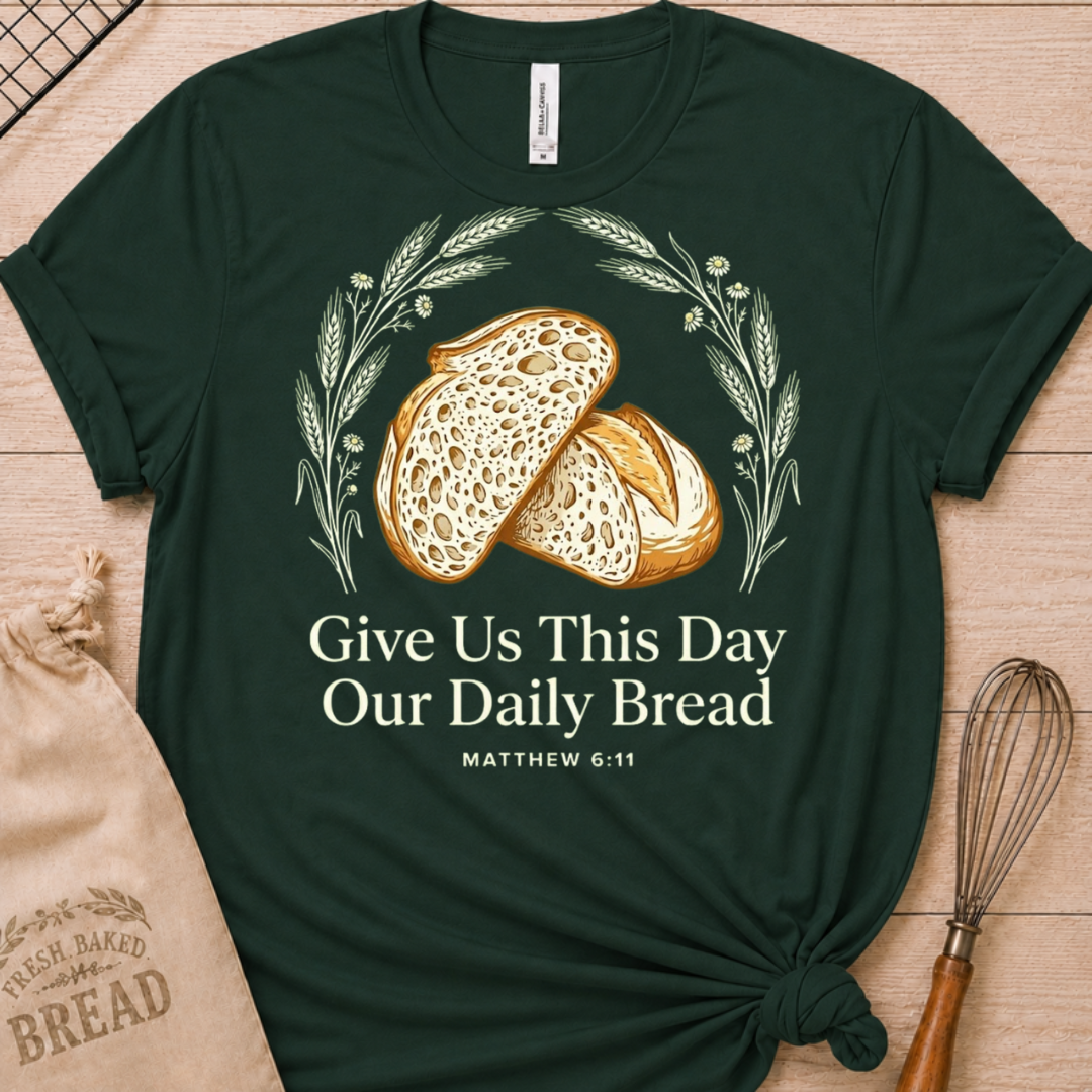Forest green women's relaxed fit t-shirt with the Daily Bread design featuring two rustic half loaves side by side, inspired by Matthew 6:11.