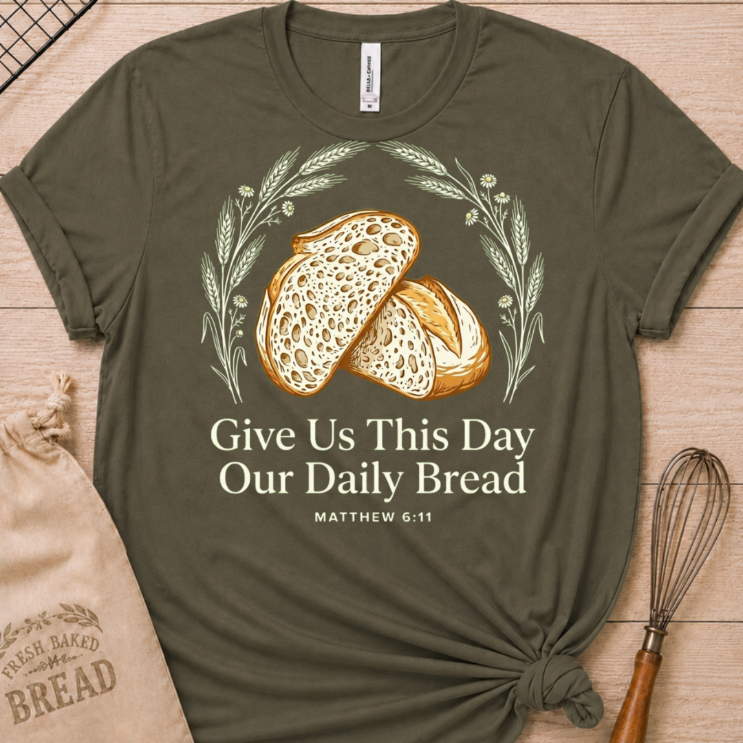 Military green women's relaxed fit t-shirt with the Daily Bread design featuring two rustic half loaves side by side, inspired by Matthew 6:11.