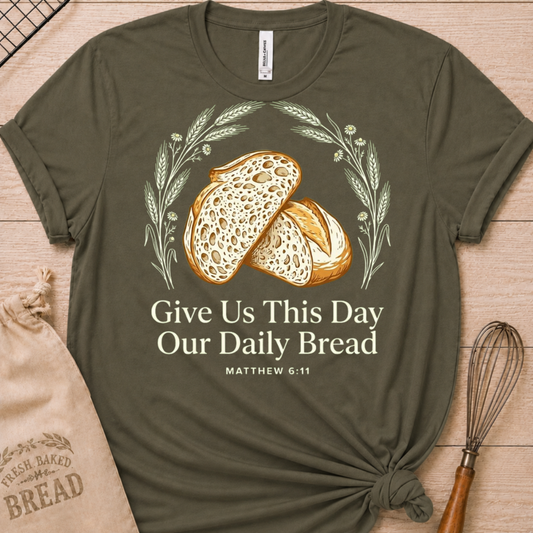 Military green women's relaxed fit t-shirt with the Daily Bread design featuring two rustic half loaves side by side, inspired by Matthew 6:11.