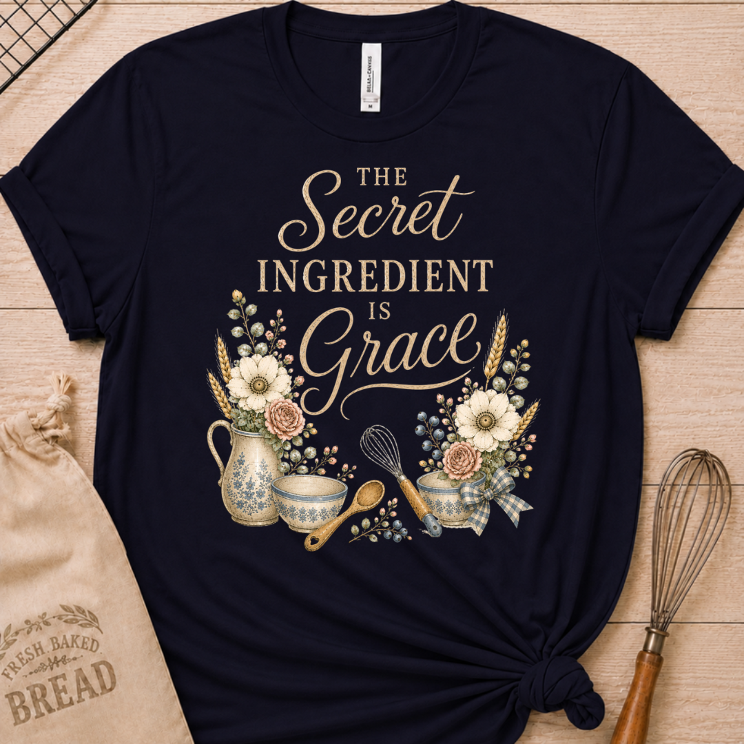 Navy women's relaxed fit t-shirt reading The Secret Ingredient is Grace, framed by a floral pitcher, mixing bowls, a whisk, and a wooden spoon.