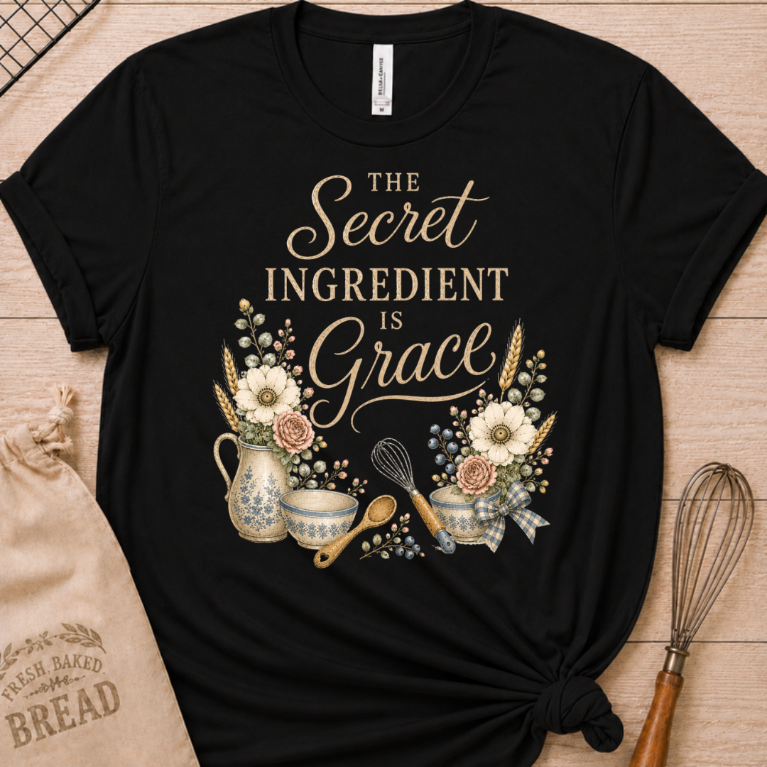 Black women's relaxed fit t-shirt reading The Secret Ingredient is Grace, framed by a floral pitcher, mixing bowls, a whisk, and a wooden spoon.