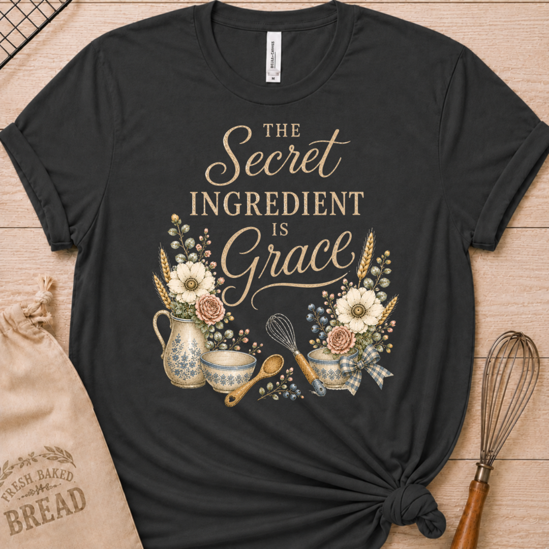 Dark heather grey women's relaxed fit t-shirt reading The Secret Ingredient is Grace, framed by a floral pitcher, mixing bowls, a whisk, and a wooden spoon.